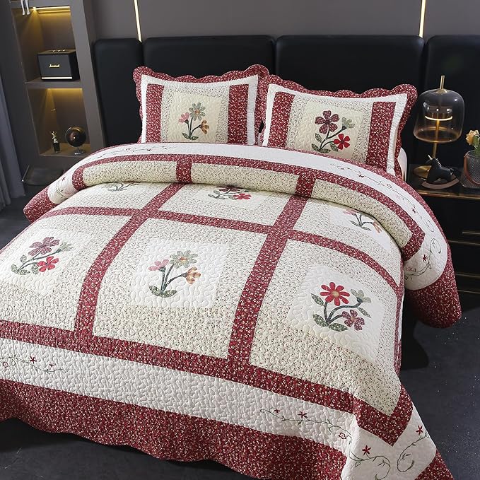 vctops Christmas Red 3 Piece Embroidered Floral Quilted Bedspread Quilt Set 100% Cotton Reversible Patchwork Coverlet Set 1 Quilt and 2 Pillow Shams (Red,Queen)