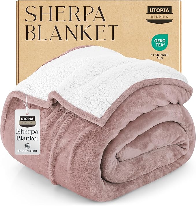Utopia Bedding Sherpa Blanket California King Size (Rose Pink, 102x96 Inches) - Soft Lightweight Plush Fleece Reversible Blanket for Bed, Sofa, Couch, Camping and Travel