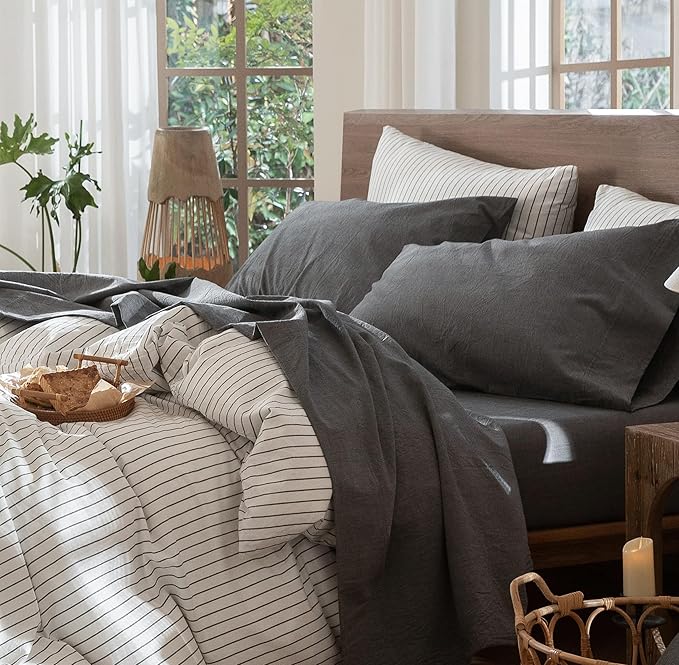 MooMee Bedding Sheet Set 100% Washed Cotton Linen Like Textured Breathable Durable Soft Comfy (Heathered Dark Grey, Split King)