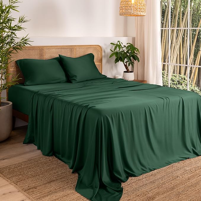 Bare Home 100% Rayon Made from Bamboo Queen Sheet Set - 4 Piece Bedding Set - Deep Pockets - Breathable - Easy Fit - Bedding Sheets & Pillowcases (Queen, Forest Green)