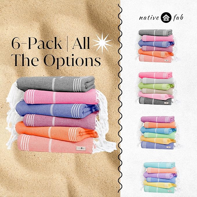 Native Fab Turkish Beach Towels - 6 Oversized Towel (40"x71"), Soft, Lightweight & Absorbent, 100% Cotton, Sand Free, Quick Drying, Ideal for Summer, Pool, Spa, Gym & Outdoors - Multicolor 6 Towels