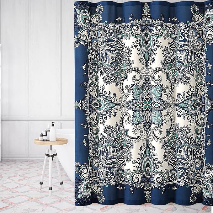 Serafina Home Boho Shower Curtain, Navy Teal White Mandala Floral Design, Fabric, 72 x 72 inches, Stain-Resistant, Paisley Pattern, with Hooks