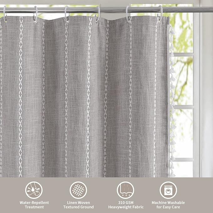 MitoVilla Boho Long Shower Curtain 72 x 78, Farmhouse 78 inch Long Polyester Linen Fabric Shower Curtains with Tassel for Chic Cottagecore French Rustic Bathroom Decor