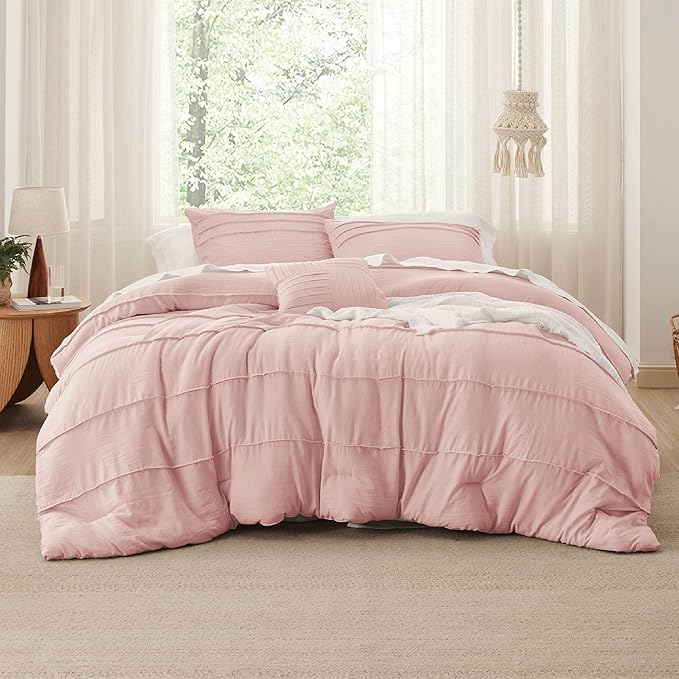 Bedsure Twin Comforter Set - 3 Pieces Pinch Pleat Bed Set, Light Pink Boho Bedding for All Season, 1 Soft Comforter, 1 Pillowcase, 1 Decorative Pillow