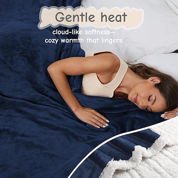 Electric Heated Blanket Throw Size 50"x60", Soft Flannel with Overheat Protection, 6 Adjustable Heat Settings & 3-Hour Auto-Off Timer, Fast Heating for Winter Comfort, Navy Blue