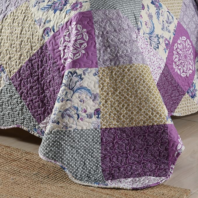 HoneiLife Quilt Set Queen Size - 3 Piece Microfiber Quilts Reversible Bedspreads Patchwork Coverlets Floral Bedding Set All Season Quilts- Late Spring,Queen/Full Size