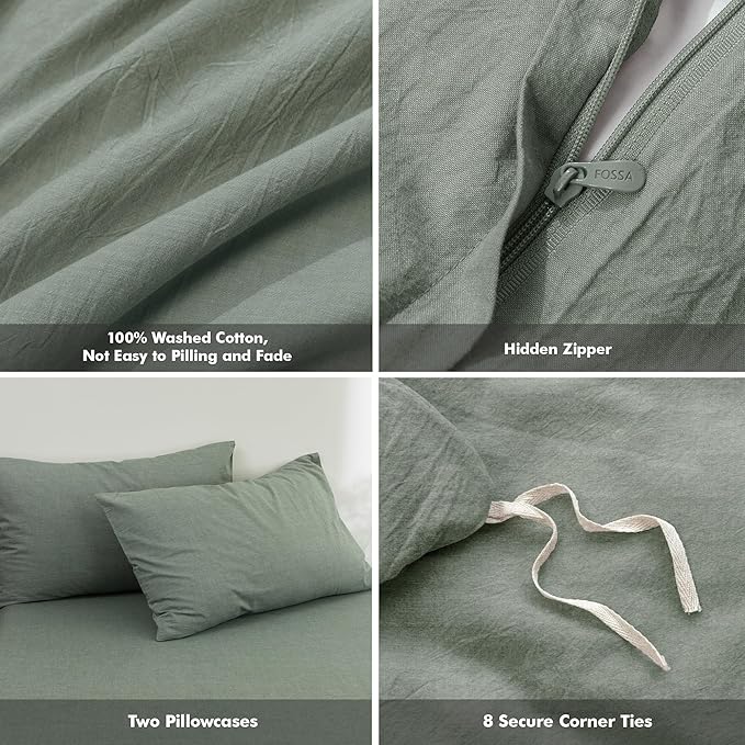 FOSSA Duvet Cover Set 100% Washed Cotton Linen Feel Super Soft Breathable Cozy Simple Style 3 Pieces Bedding Sets Solid Heathered Green Queen