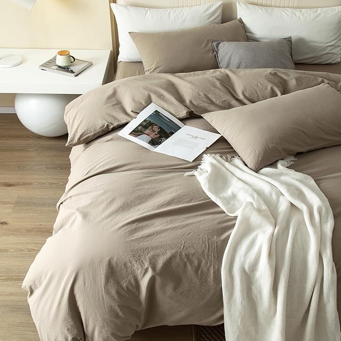 JIYUAN 100% Washed Cotton Duvet Cover Set 3 Pieces Cal King, 1 Duvet Cover 104x98 Inches(Comforter Not Included) and 2 Pillowcases,Linen Feel Bedding Set Comfy and Breathable,Khaki