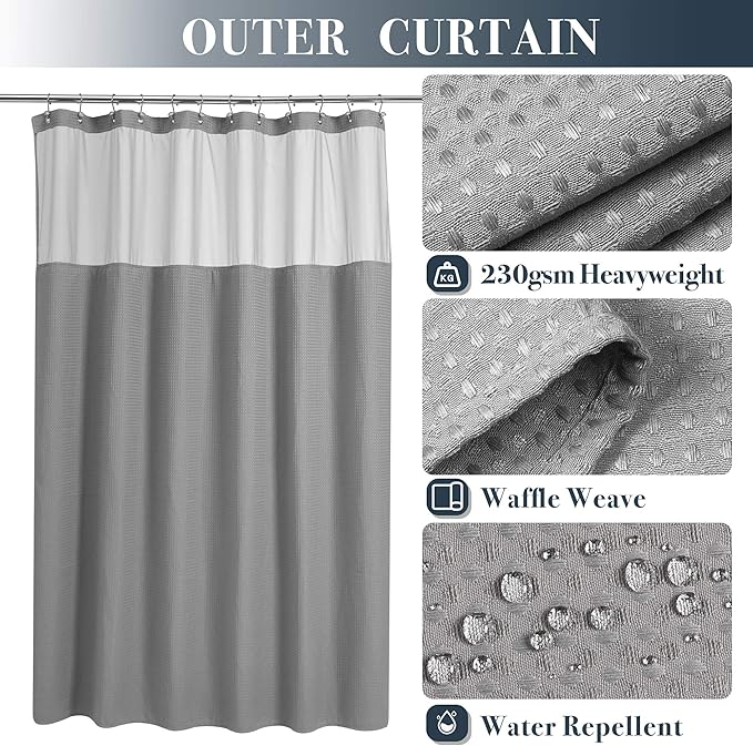 N&Y HOME Waffle Weave Shower Curtain with Snap-in Fabric Liner Set, 12 Hooks Included - Grey Shower Curtain Hotel Style, Water-Repellent & Washable, Mesh Top Window - 71x72, Gray