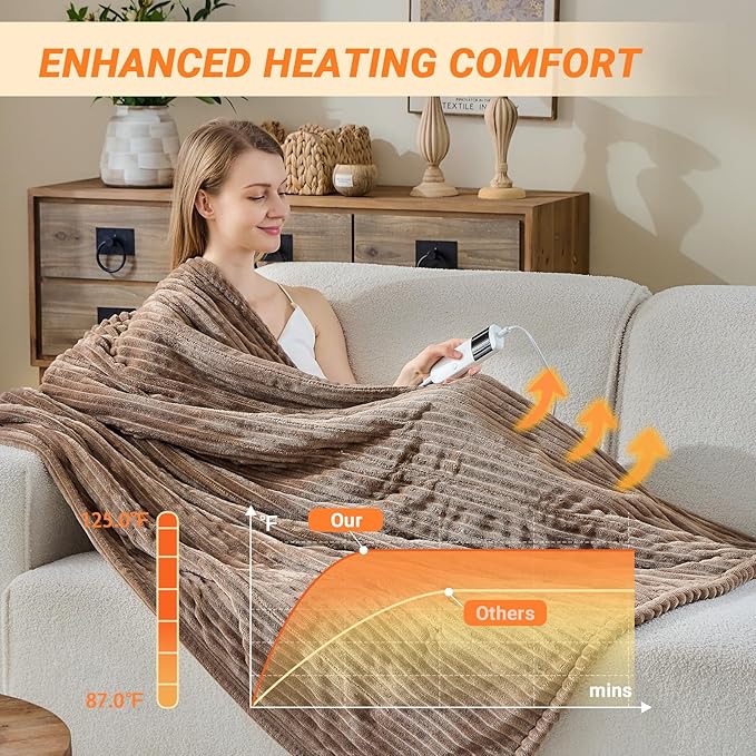 Heated Blanket Electric Full, Soft Flannel Heating Blanket with 8 Hours Auto Off 10 Fast Heating Levels Machine Washable Sherpa Heated Blanket with Overheating Protection