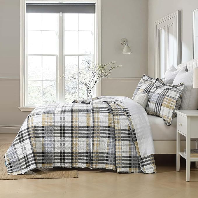 Quilts Queen Size, Cotton Queen Size Comforter Set, Brown Black Grey White Striped Bedding Sets, Plaid Queen Bedspread,Striped Bed Set Lightweight Reversible All Season 3 Piece