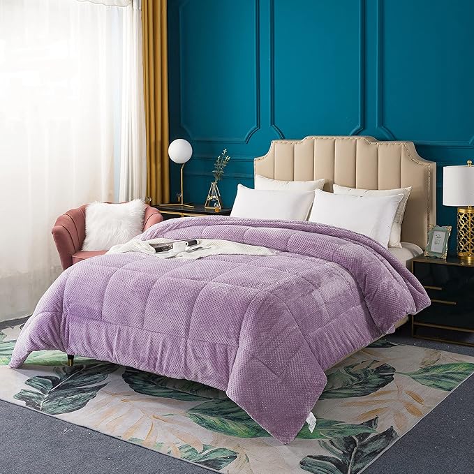 KASENTEX Super Ultra Soft Luxury Plush Sherpa Comforter, Cozy Reversible Faux Fur Machine Washable Bedding, Purple, Queen Size