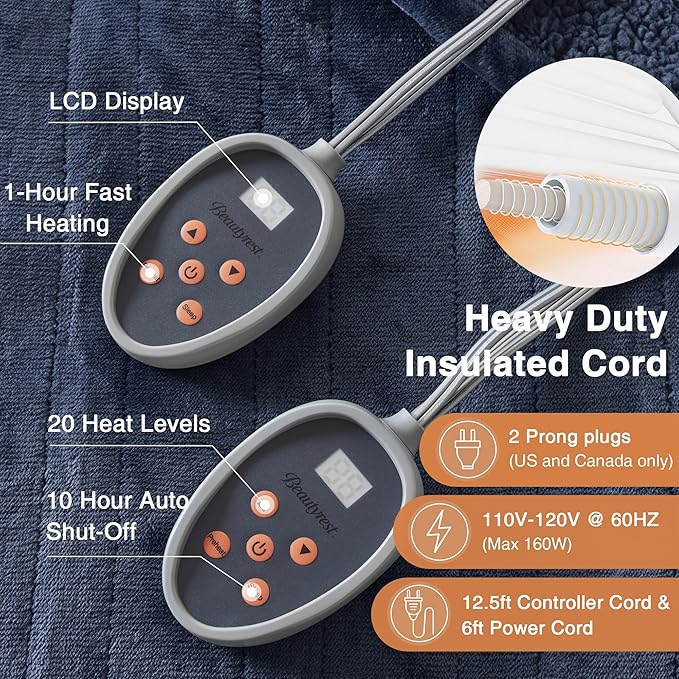 Beautyrest Heated Blanket, Electric Blanket, Soft, Warm, Reversible Plush - Sherpa Heating Blanket with 20 Heat Settings, 1-10 hrs Timer Auto Shut Off, Machine Washable, King (90 inx100 in), Indigo
