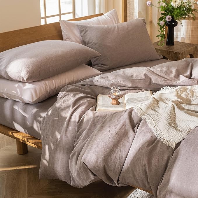 MooMee Bedding Duvet Cover Set 100% Washed Cotton Linen Like Textured Breathable Durable Soft Comfy (Heathered Mauve Brown, Super King Plus 120"x120")