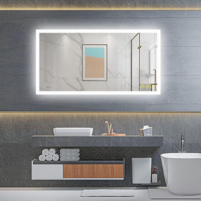 Wall-Mounted LED Square Bathroom Mirror, Makeup Mirror (36inches x 30inches,) 3 Color Stepless Dimmable Memory Bathroom Vanity Mirror with Lights CRI90+ 3000-6400K Smart Mirror with Touch