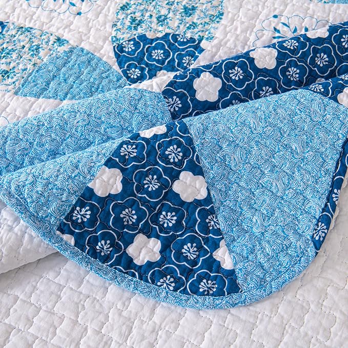 Cmfshape Blue Quilt Sets Bedspread Set 100% Cotton Patchwork Coin Pattern Bedding Set,All Season Use Lightweight Reversible Coverlet Quilts with 2 Pillow Shams(King 106"x96")