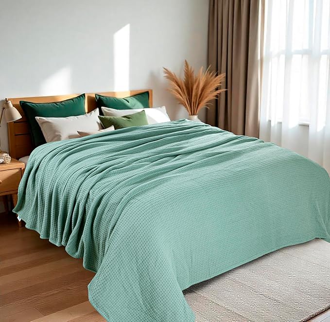 HILLFAIR 100% Combed Cotton Blanket– Queen Bed Blanket– Soft Cozy Warm Multipurpose Throws for Luxury Home Decor– 90 x 90 inch Queen Size Cotton Blankets for Beds- Bed Blankets for All Season- Sage