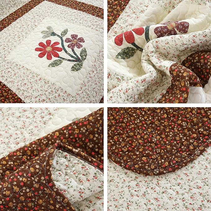 vctops 3 Piece Embroidered Floral Quilted Bedspread Quilt Set 100% Cotton Reversible Patchwork Coverlet Set 1 Quilt and 2 Pillow Shams (Coffee,Queen)