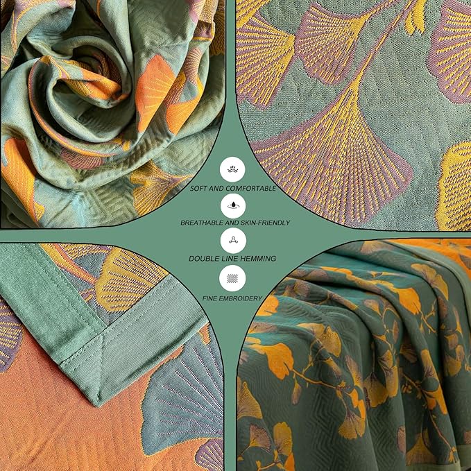 Ginkgo Leaf Quilt Queen Size Dark Green Orange Reversible Cotton Bedspread Coverlet for All Seasons Lightweight Muslin Quilt Throw Blanket for Bed, Couch