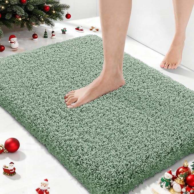 Yimobra Pure Light Green Bathroom Rugs Non Slip Washable, Ultra Soft and Water Absorbent Bath Mats, Plush Fluffy Shower Mat Outside, Microfiber Thick Matts for Bathroom Floor/Sink, 24x17