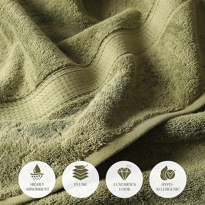 Superior Egyptian Cotton Pile Bath Towel Set of 2, Ultra Soft Luxury Towels, Thick Plush Essentials, Absorbent Heavyweight, Guest Bath, Hotel, Spa, Home Bathroom, Shower Basics, Forest Green
