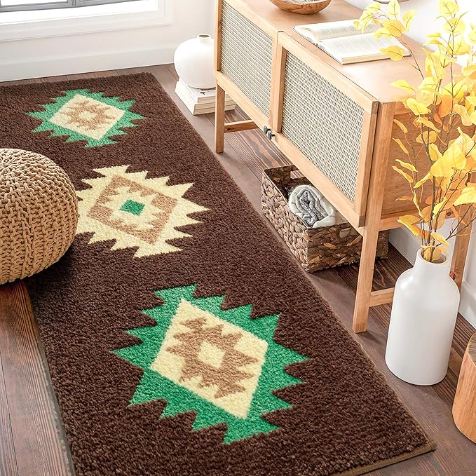 DEXDE Boho Bathroom Rug Runner 24x60 Long Bath Mat for Bathroom Bedroom Hallway Kitchen Luxury Soft Absorbent Large Modern Geometric Carpet Runner Western Farmhouse Decor, Brown