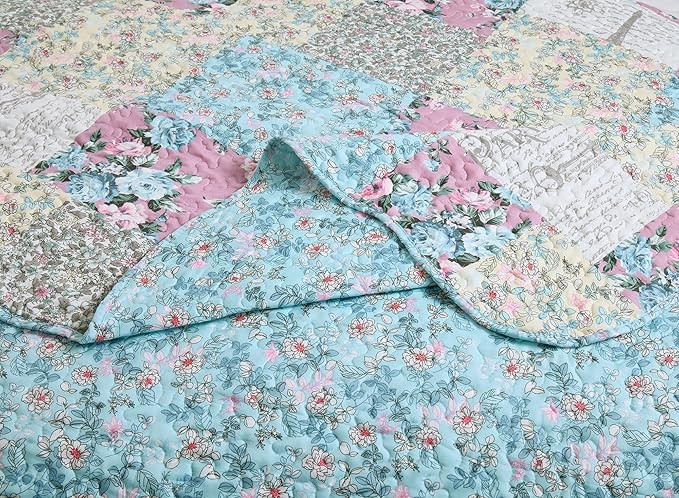 Brilliant Sunshine Lilac Rose Toile Quilt Set, 3-Piece Bedding Sets, Traditional Lively Patchwork Design, Washable, Reversible Bedspread, Soft Lightweight Coverlet, All-Season, Full/Queen, Egg Blue