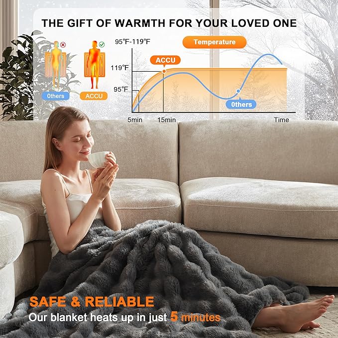 Heated Blanket Twin Size- Plush Thick Bubble Faux Fur Heated Blanket, Fast Heating Electric Blanket 6 Heating Levels & 10 Hours Auto-Off, Machine Washable, 62"x84", Dark Grey
