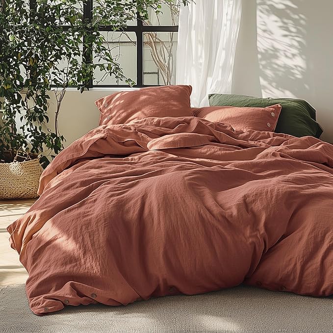 Bedsure Linen Duvet Cover Queen - Linen Cotton Blend Bedding Set, Soft & Cozy, 3 Pieces, 1 Duvet Cover 90x90 Inches and 2 Pillowcases, Burnt Orange Color Cooling Bedding, Comforter Sold Separately