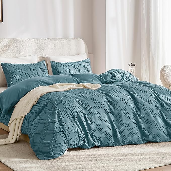 JELLYMONI Duvet Cover Twin Size Grayish Blue - 3PCS Boho Duvet Cover Set Plaid Polyester Tufted Bohemian Jacquard Knit Textured Comforter Cover 68×90in Rhombic Geometric Pattern Corner Ties & Zipper