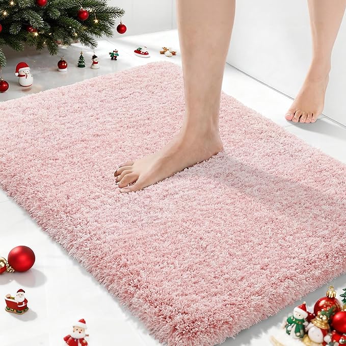 Yimobra Light Pink and White Bathroom Rugs Non Slip Washable, Ultra Soft and Water Absorbent Bath Mats, Plush Fluffy Shower Mat Outside, Microfiber Thick Matts for Bathroom Floor/Sink, 24x17