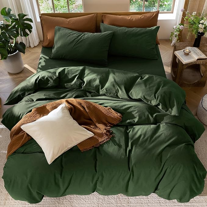MooMee Bedding Duvet Cover Set 100% Washed Cotton Linen Like Textured Breathable Durable Soft Comfy (Solid Forest Green, Cal King 104"x98")