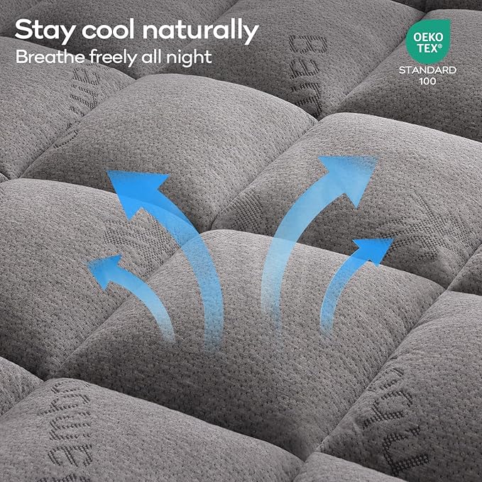 OLANLY Queen Mattress Topper – Viscose Made from Bamboo, Cooling Soft Queen Pillow Top Mattress Pad for Back Pain Relief, Plush Down Alternative Fill Bed Topper with Elastic Deep Pocket, Light Gray