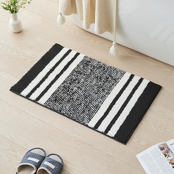 CozeCube Bath mats for Bathroom Non Slip, Fluffy Absorbent Microfiber Bath mat Washable, Aesthetic Bathroom Rugs, Cute Jet Black Striped Bath mat, Jet Black, 32" x 20"