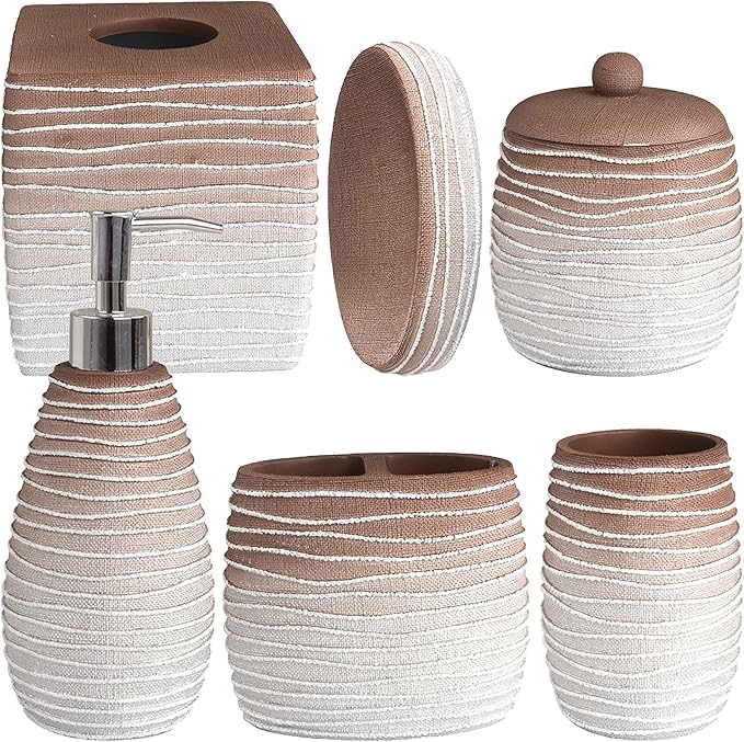 Decozen Bathroom Accessories Set 6Pcs – Soap Dispenser, Toothbrush Holder, Tumbler, Soap Dish & Cotton Swab Jar – Modern Bathroom Decor, Bath Set for Christmas Decor, Antonetta
