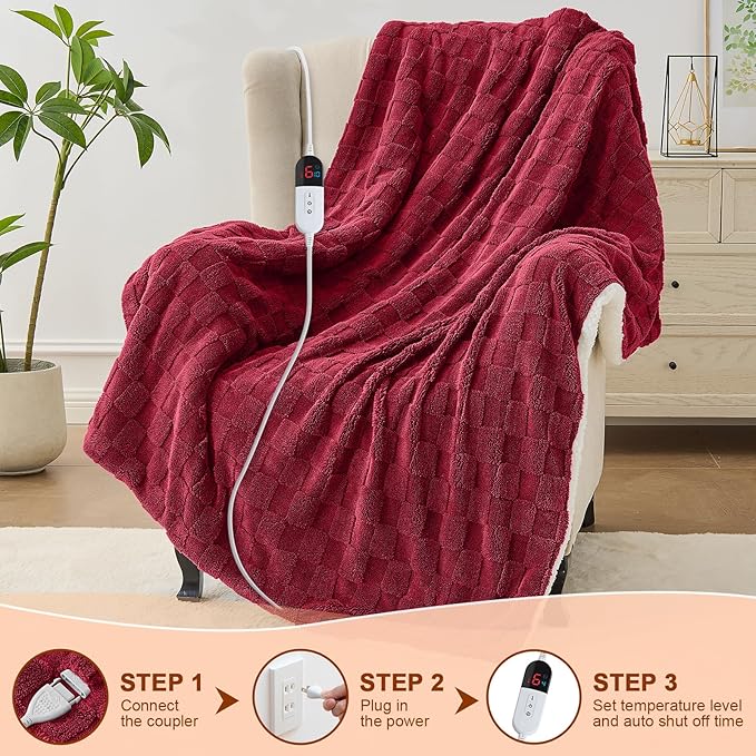Electric Heated Blanket Full Size - Jacquard Checkered Sherpa 72"x84" Fast Heating Bed Blankets with 6 Heating Levels & 10 Hours Auto Off, Over-Heat Protection ETL, Red