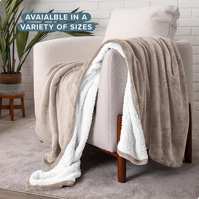 Bare Home Sherpa Fleece Blanket - Full/Queen Size - Blanket for Bed, Sofa, and Couch - Warm & Lightweight - Fluffy & Soft - Reversible (Full/Queen, Light Taupe)
