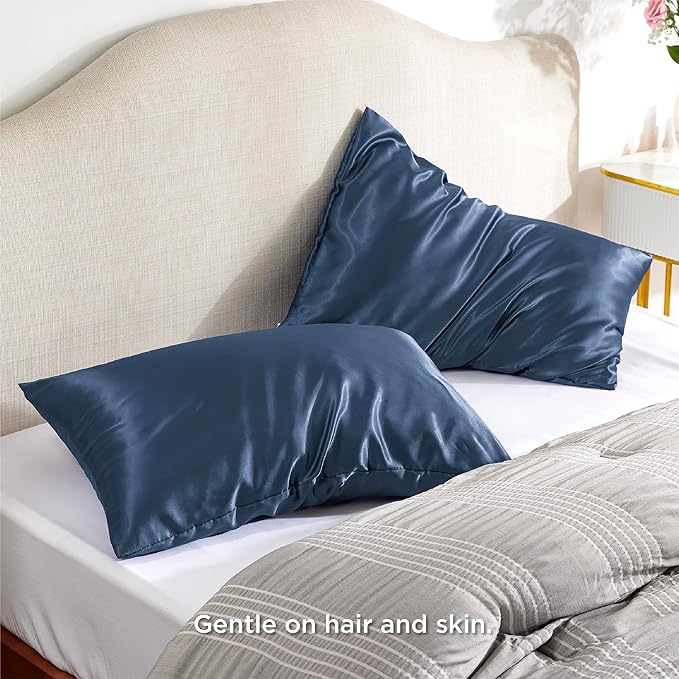 Bedsure Satin Pillowcase with Zipper, Similar to Silk Pillow Cases 2 Pack, Satin King Size Pillow Cases, Silky & Soft Pillow Covers for Hair and Skin, Gifts for Women Men, Blue, 20x36 Inches