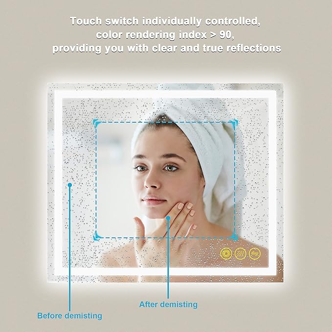 Wall-Mounted LED Square Bathroom Mirror, Makeup Mirror (36inches x 30inches,) 3 Color Stepless Dimmable Memory Bathroom Vanity Mirror with Lights CRI90+ 3000-6400K Smart Mirror with Touch