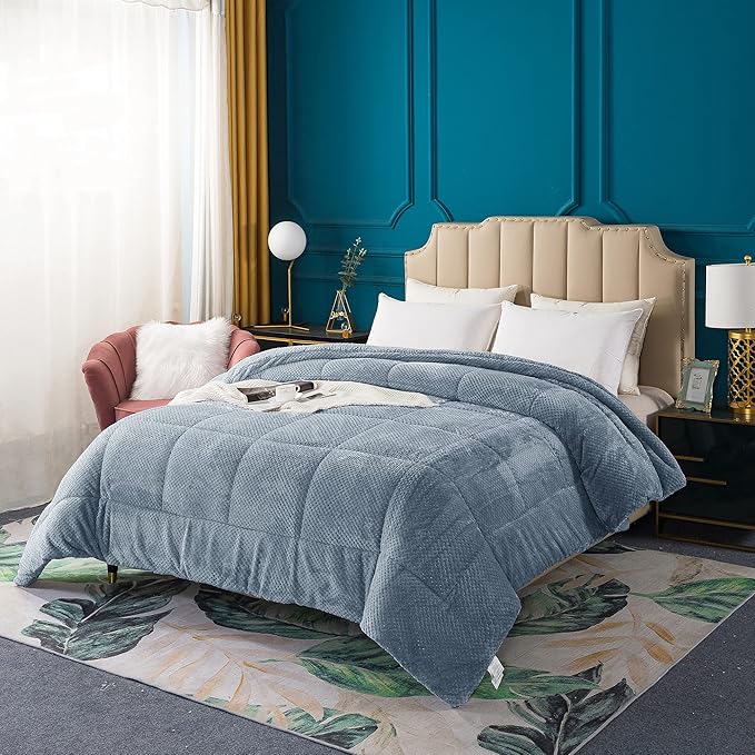KASENTEX Super Ultra Soft Luxury Plush Sherpa Comforter, Cozy Reversible Faux Fur Machine Washable Bedding, Grey Blue, Queen Size
