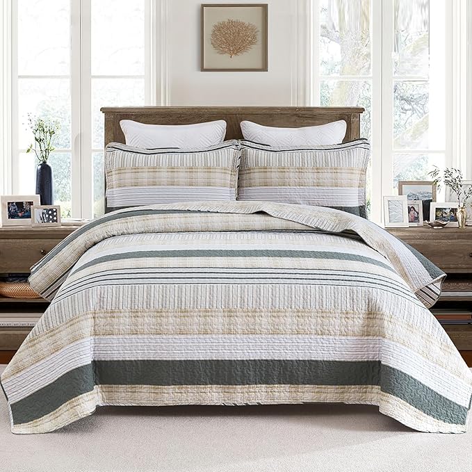 Homzard Quilts Queen Size - Cotton Queen Size Comforter Sets,Beige Grey Cotton Bedding,Striped Plaid Comforter Bedspread (90 * 98 Inches),3 Piece