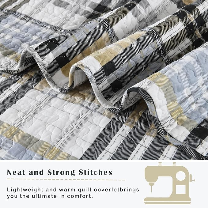 Quilt King Size, Cotton King Size Comforter Set,Grey Brown Black White Bedding Sets, Striped Plaid Bedspread Set, Farmhouse King Size Bed Set Lightweight All Season