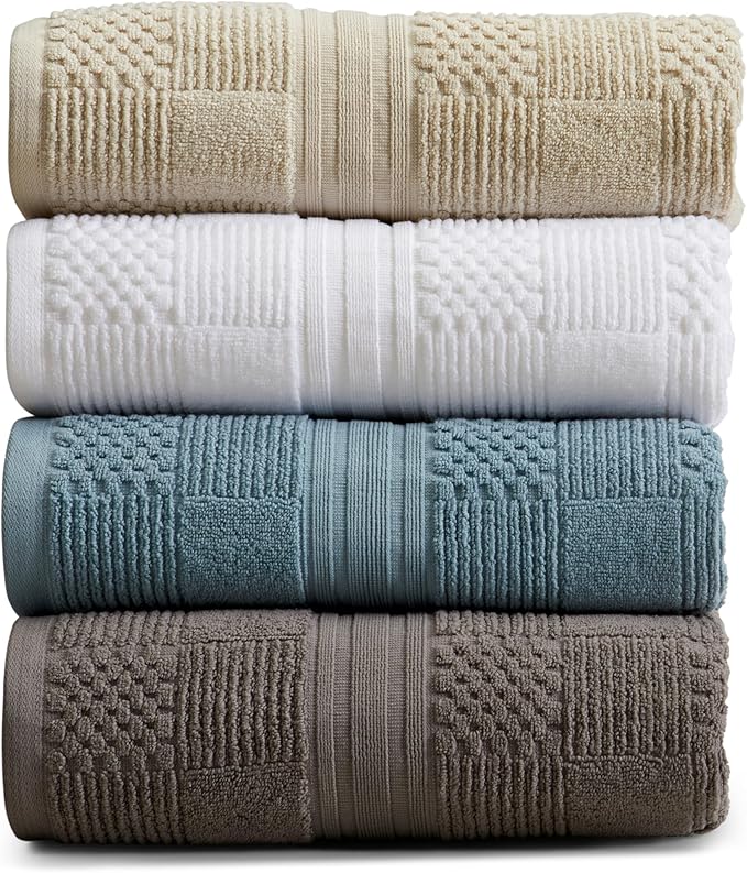 Springtree Home 100% Cotton Bath Towel Set of 4 | Blue Towels | Geometric Textured Design | Absorbent & Quick-Dry | 4 Bath Towels | Oeko-TEX® Standard 100 Cotton | Myla Collection - Arona Blue
