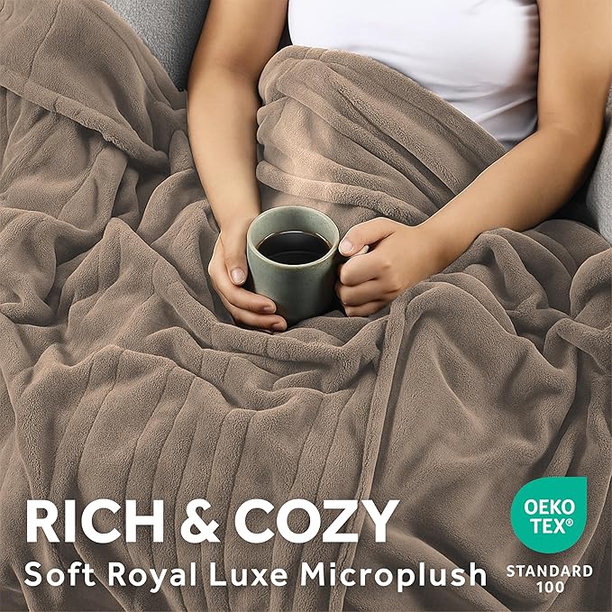 Sunbeam Electric Royal Luxe Microplush Heated Blanket, 12 Heat Settings, 12-Hour Auto Shut-Off, Fast Heating, Warm & Cozy, Machine Washable, Mushroom Color, Twin (84" x 62")