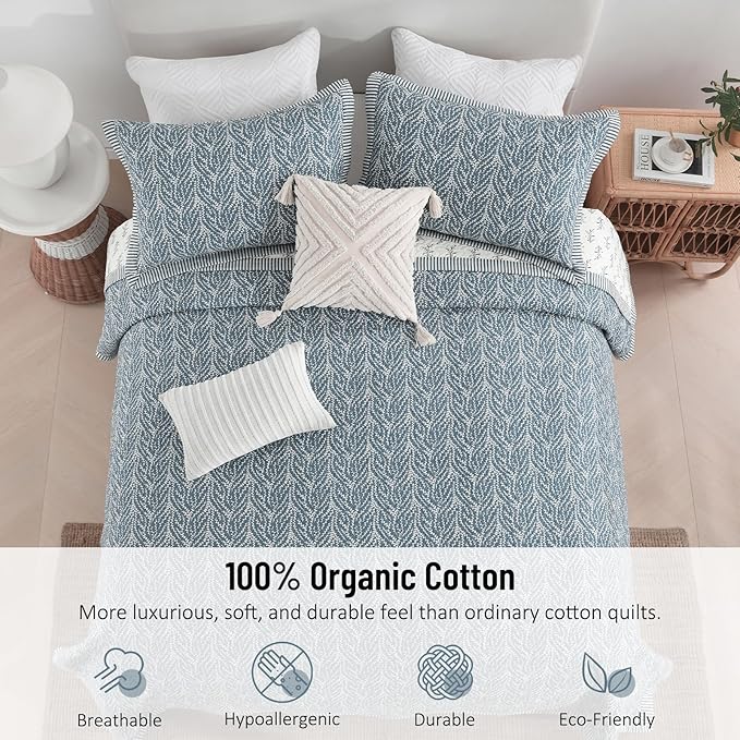 Quilt Set King Size - 100% Cotton Blue White Floral Bedspread Bedding Sets, Lightweight Reversible Botanical Pattern Coverlet with 2 Pillow Shams, 3-Piece All Season, 98x106