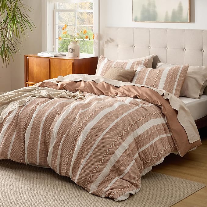 Bedsure Waffle Weave Duvet Cover Queen - 100% Cotton Boho Duvet Cover Set with 2 Pillowcases - Extra Soft Terracotta Textured Comforter Cover with Zipper Closure (Queen, 90"x90")