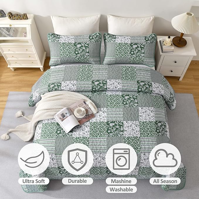 Mybedsoul Sage Green Boho King Quilt Set, 3-Piece Reversible Soft Plaid Floral Bedding Set with 2 Pillow Shams - Sage Green King Size Quilt Bedspread Coverlet Set 90"x104"