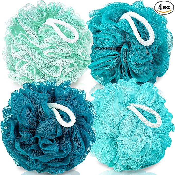 Loofah for Women 75g 4 Pack, Bath Sponge Soft Mesh Shower Puff Loofah Sponge, Exfoliating Body Scrubber, lufas for Women, Shower Accessories (Blue)