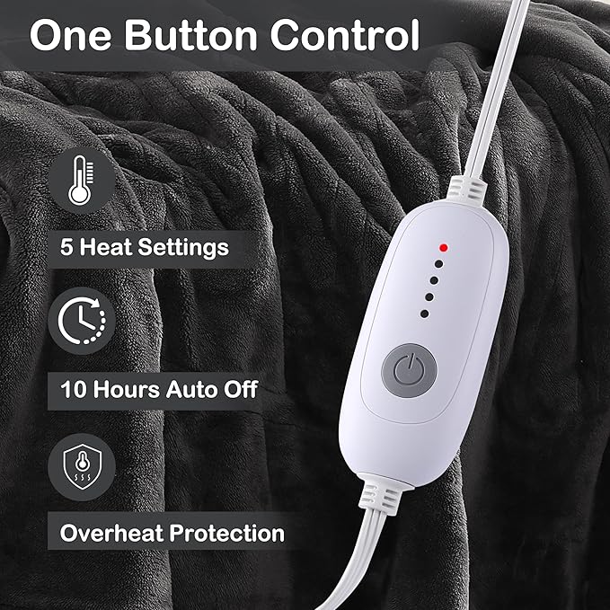 Electric Heated Blanket Full Size 72"x84", 5 Heating Levels & 10 Hours Auto Off, Cozy for Bed, Sofa & Office, Large Oversized, Single Control Heating Heater Blankets, Machine Washable, Dark Gray