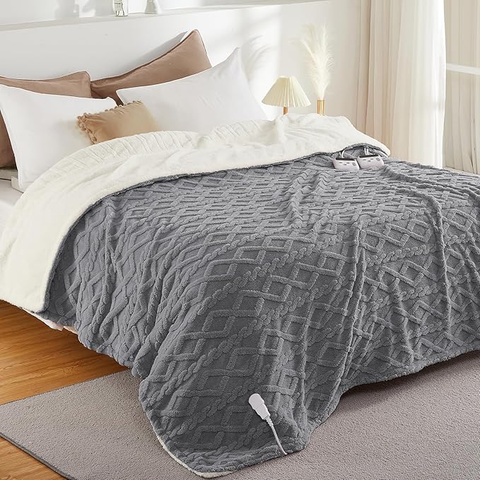 CAROMIO Electric Blanket Full Size - Thick Tufted Sherpa Heated Blanket Full Size with 10 Heating Levels and 10 Time Settings, ETL Certified Machine Washable Fast Heating Blanket Full 72"×84", Grey